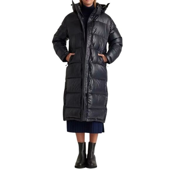 NWOT Quince Women's Responsible Down Long Puffer Jacket Large Hooded Shiny Black - Picture 1 of 12